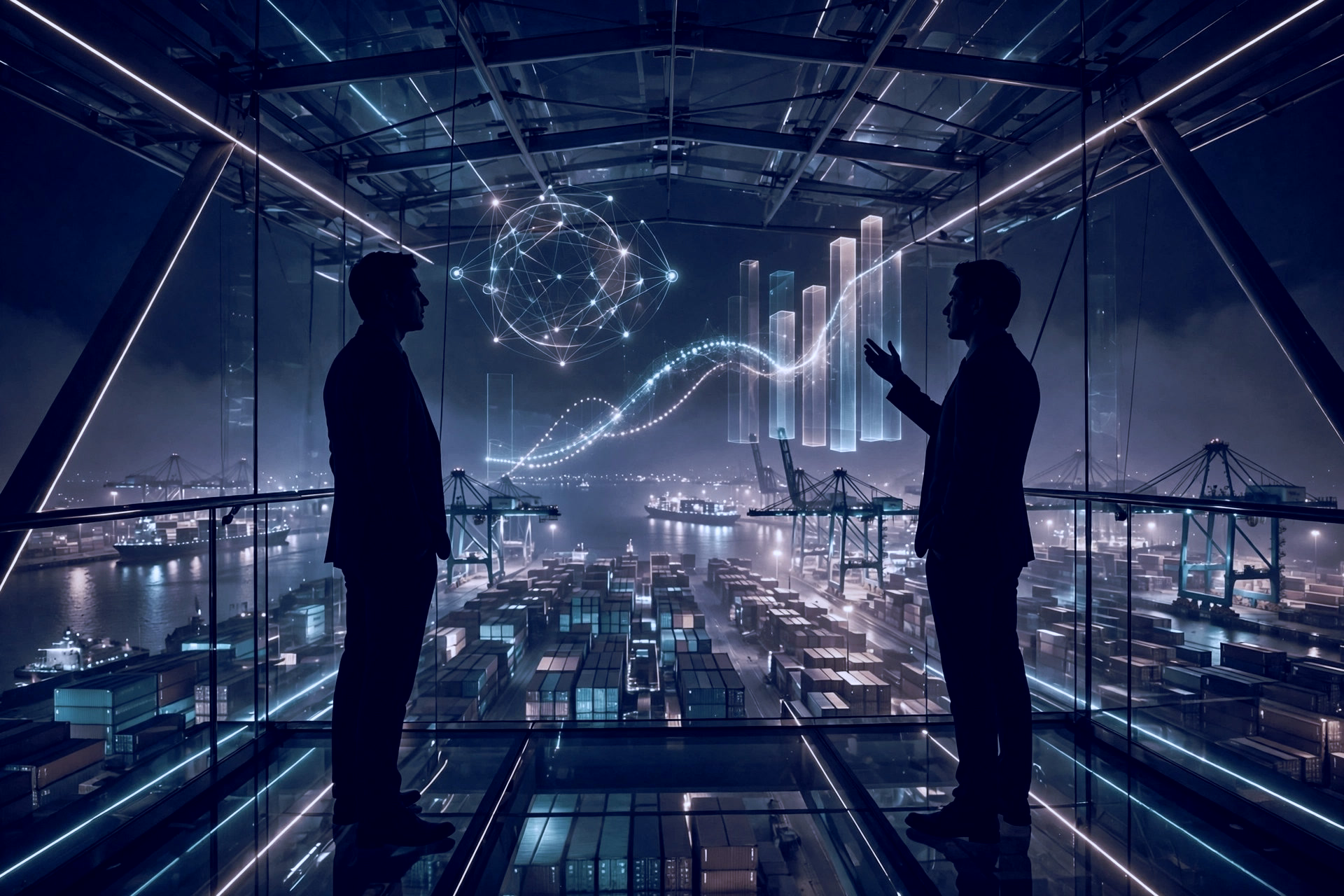 Consultants on a futuristic glass skybridge overlooking a night port