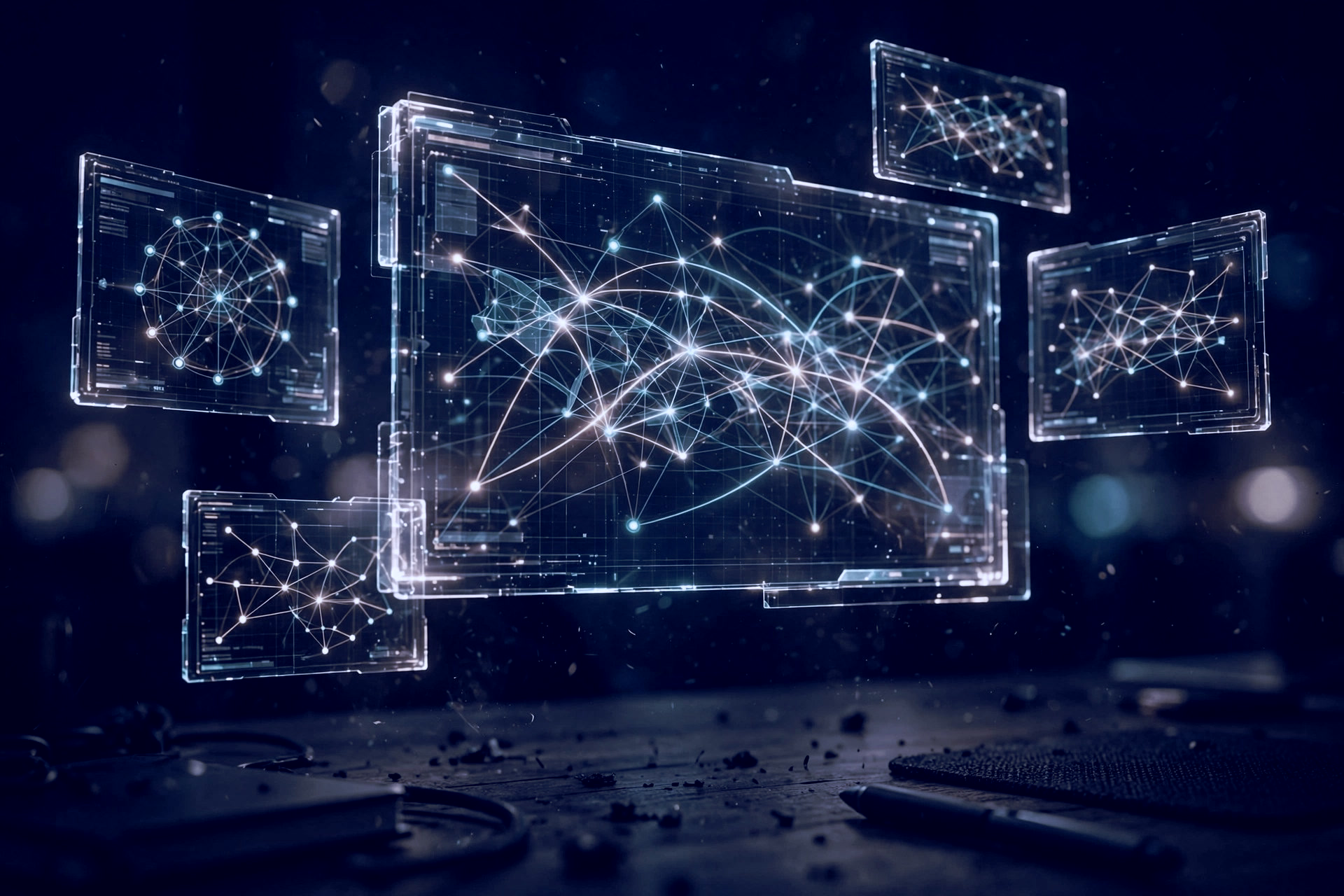 Holographic logistics network panels floating above a dark desk